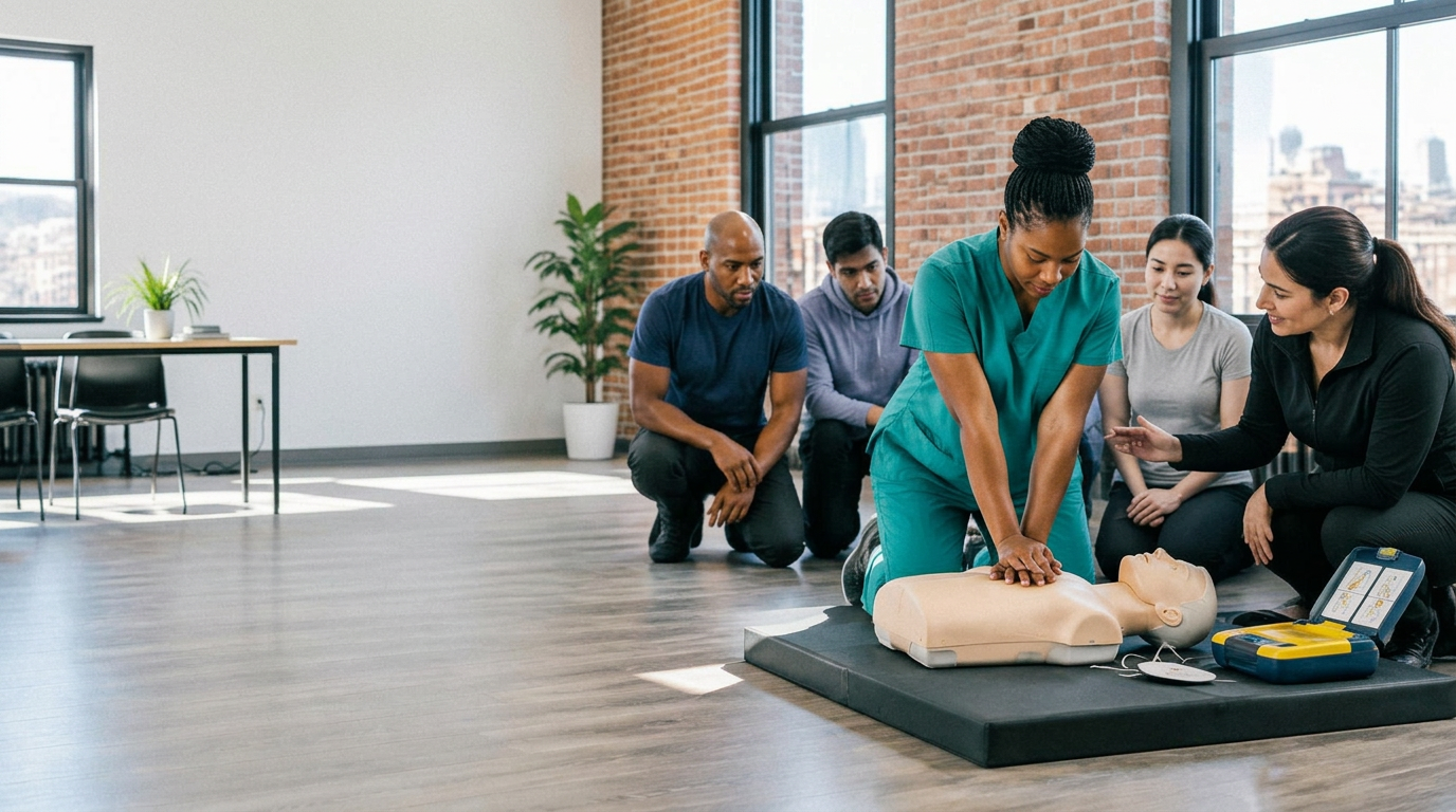 Illustrative scene of adult learners practicing CPR with an instructor in a community classroom
