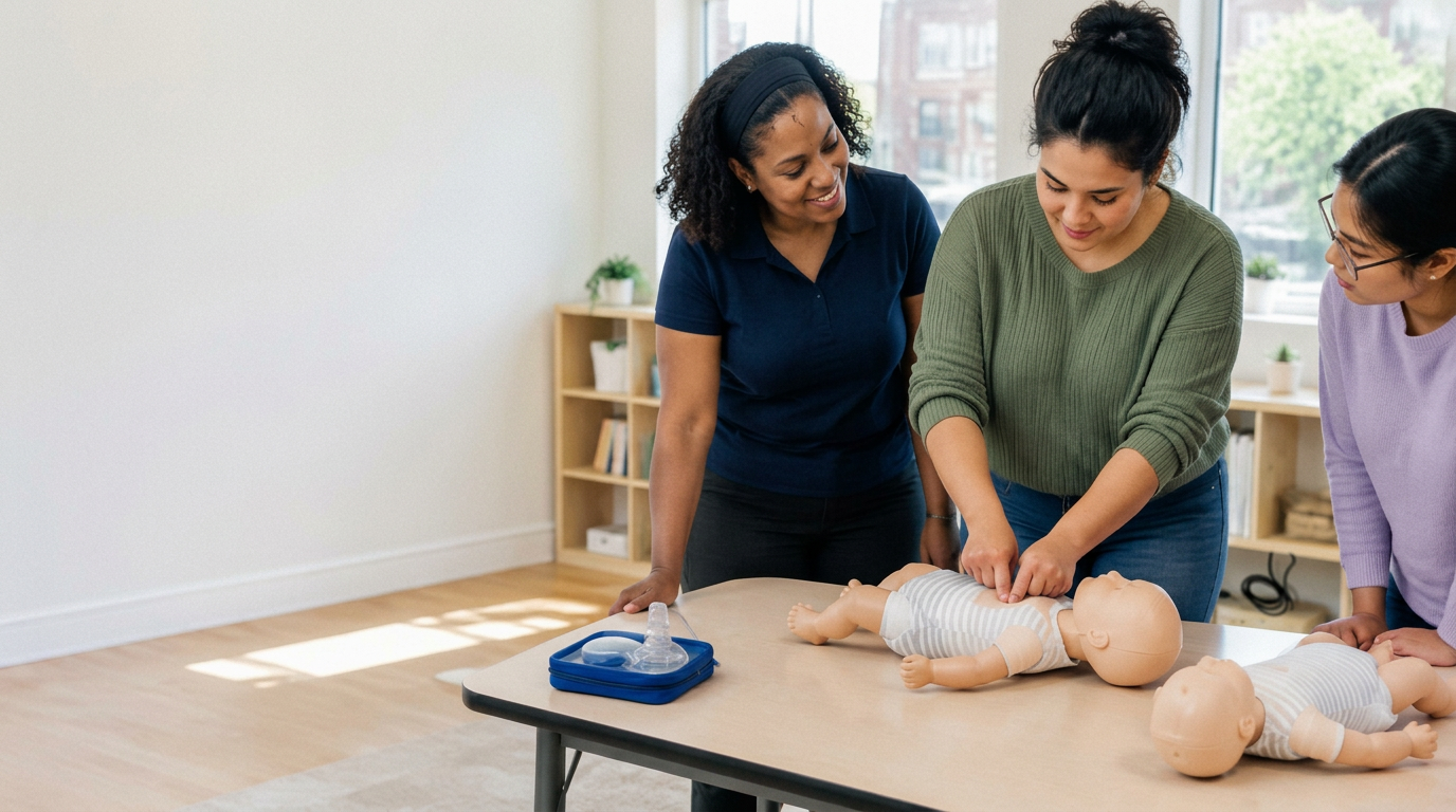 Illustrative scene of childcare educators practicing infant CPR with training manikins